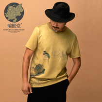 (Mustard Original Mens Clothing) Qingye China Wind Loose Big Code Casual Tide Short Sleeve Printed T-Shirt Man