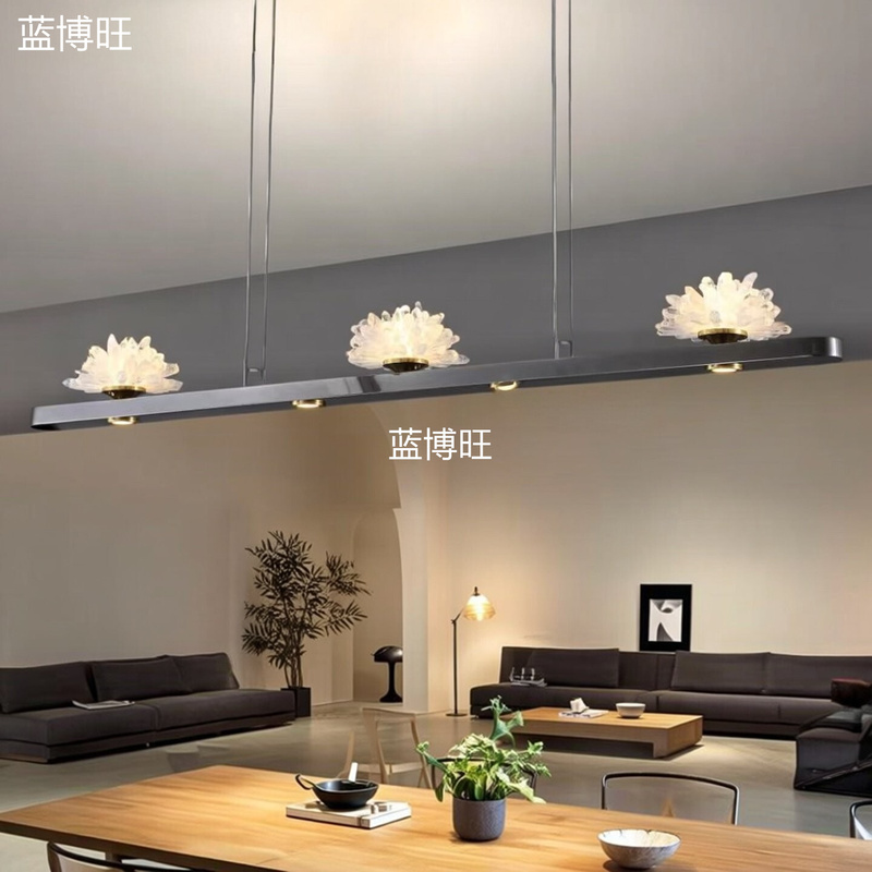 2026 New Model Light Luxury Modern Minimalist Long Bar Counter Pendant Light with Petal Shape, High-End Natural Crystal Dining Room Light