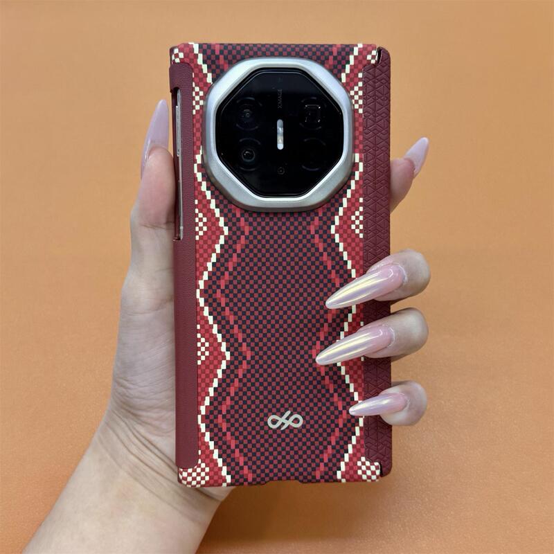 Suitable for Huawei Mate X/Xs Phone Case, Dual-Axis Mate XS Master Edition Red Snake Scepter Anti-Drop Double-Sided Protective Cover, Carbon Fiber Texture Hard Case, High-End Leather Texture for Men and Women