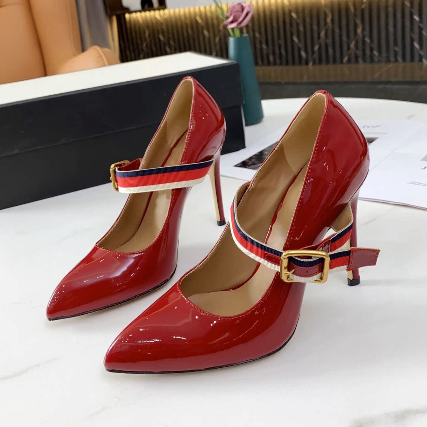 Red2021 spring new pattern Pink Patent leather Sharp point Super high heel shoes female Fine heel Shallow mouth genuine leather Single shoes bride banquet Wedding shoes
