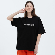 WASSUP National Tide Summer Pure Color Base Short Sleeve Men Compassionate Round Collar Printed Casual Pure Cotton Loose