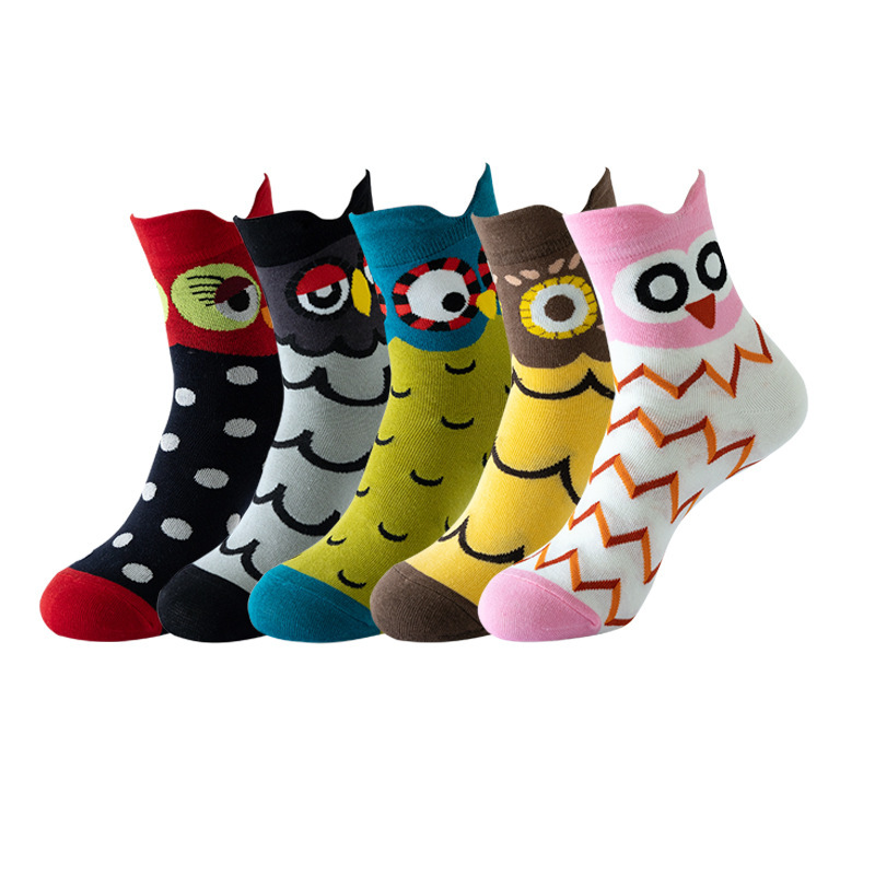 Owl Mid-Calf Cotton Socks with 3D Ears, Cartoon Animal Socks, Women's Patterned Trendy Socks