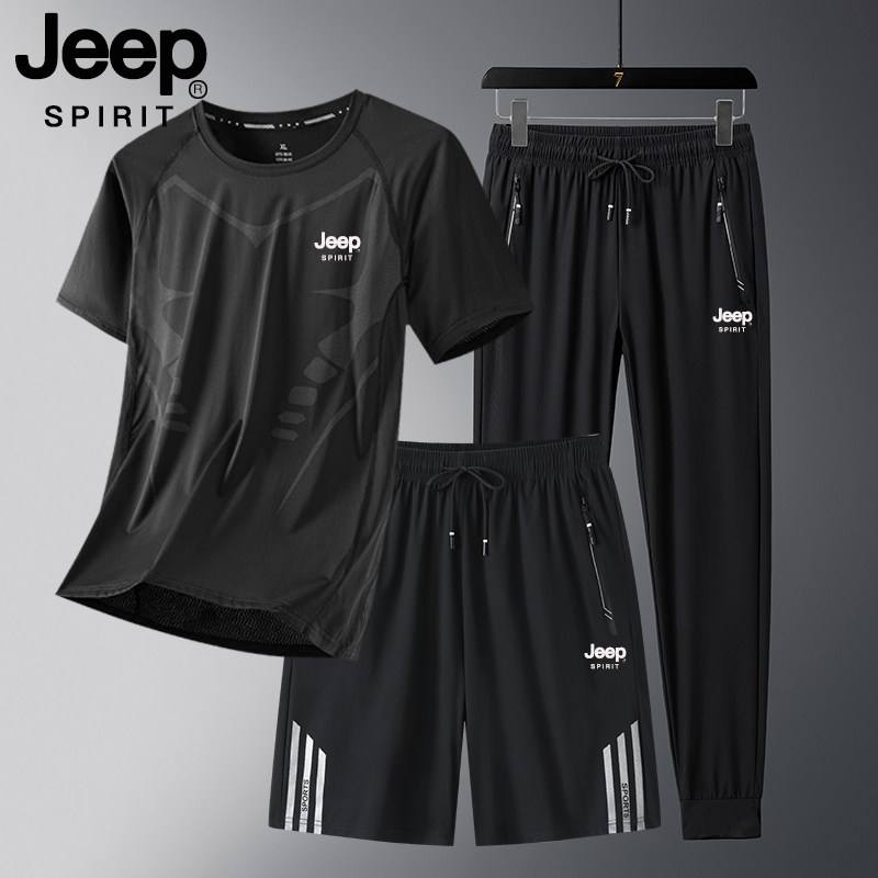 Повседневный спортивный костюм JEEP, мужская летняя спортивная одежда больших размеров, футболка из ледяного шелка с короткими рукавами, быстросохнущие брюки, костюм-тройка