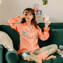 Spring Autumn Season Emulation silk sleepwear woman Long sleeves Two sets of sexy cardiovert ice silk Home Suits Suit Han Edition Loose