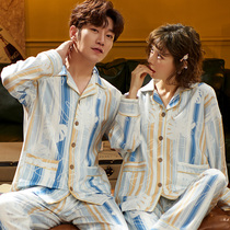 Lovers cardiovert pyjamas woman long sleeve pure cotton spring autumn season Korean version Mens all-cotton thin section can be worn outside the home suit suit