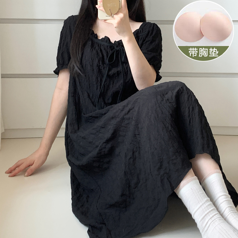 Nightgown with Breast Pads for Women 2026 New Summer Short-Sleeved Princess Style Black Sweet Cloud Cotton Pajamas Home Wear