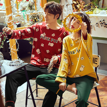 Cotton couple pajamas Spring and Autumn long sleeve Korean cartoon piggy male Lady Cotton home clothes can be worn outside suit