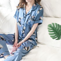 Pajamas women Summer Ice Silk short sleeve trousers two-piece plus size 200kg summer silk thin home clothes