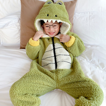 Kids one-piece pajamas flannel fall winter clothes boys cartoon coral velvet boys thickened clothes baby dinosaurs