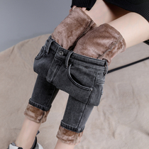 (cashmere) gush jeans woman 2022 new autumn winter thickened warm integrated suede trousers small footed underpants