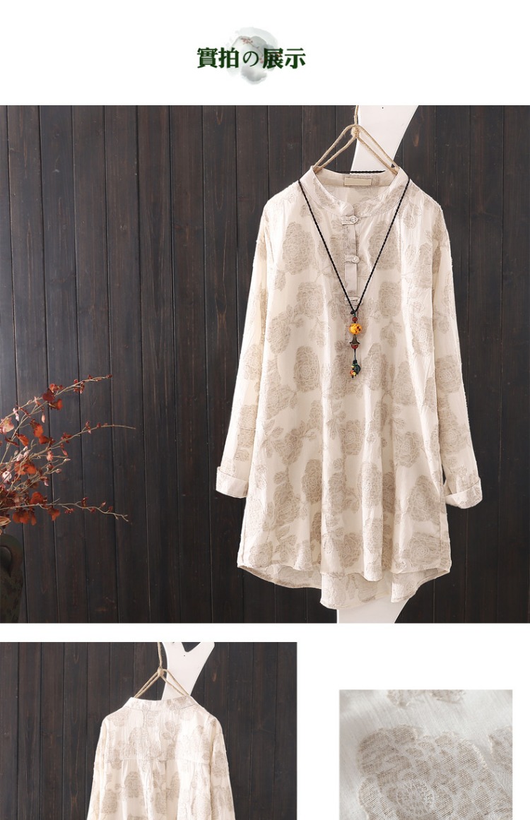 Mùa xuân 2018 mới và áo thun cotton mới và áo thun nữ retro khóa thêu đứng cổ áo sơ mi váy dài phần áo sơ mi trắng nữ công sở