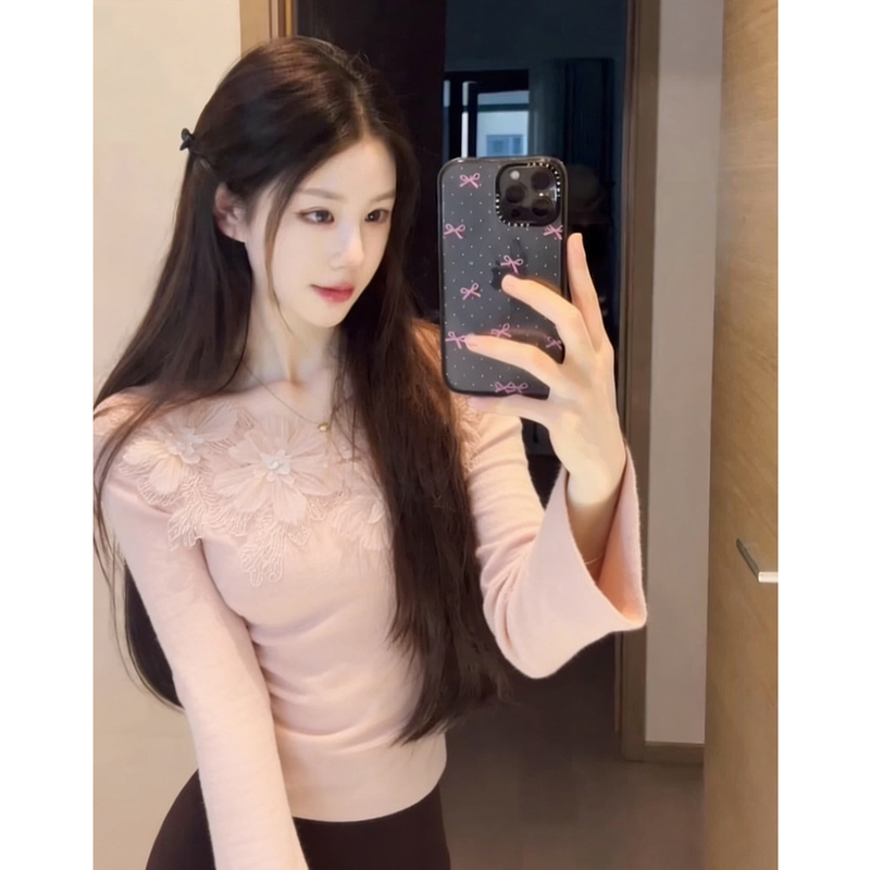 Lym Studio Sweet Style V Neck Lace Splicing Knitwear Women's Slim-Fitting Bottoming Shirt Pink Sweet Top