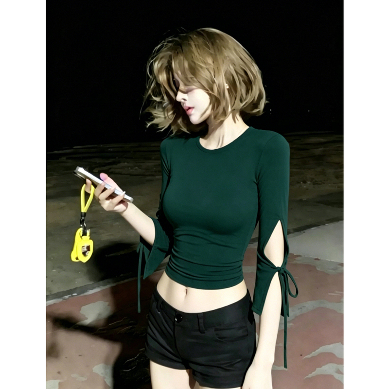 Lym Studio Sexy Dark Green Three-Quarter Sleeve T-Shirt for Women, Summer Slimming Lace-Up Crop Top