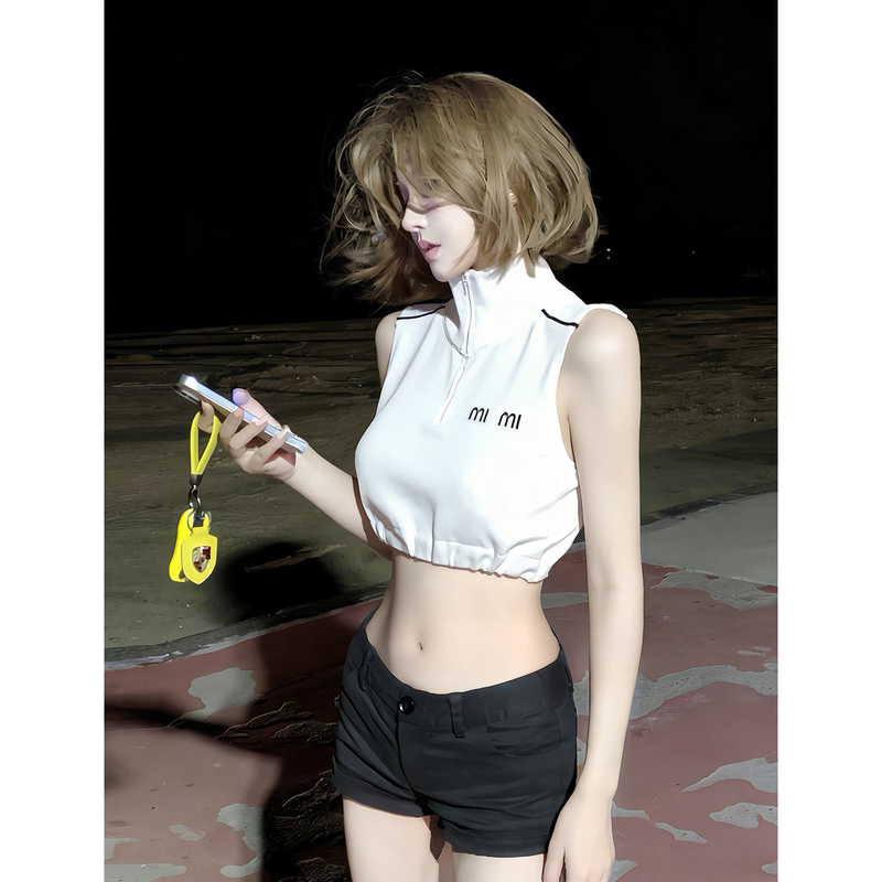 Lym Studio American Hot Girl Style Half-High Collar Zipper Vest for Women White Sleeveless Waist-Cinching Tight Top