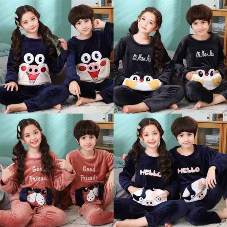 Mùa xuân và mùa thu. Trẻ em mùa thu / mùa đông pajama set cô gái mảnh của nhung san hô ấm mỏng cộng với nhung dài tay quanh cổ áo chị nam.