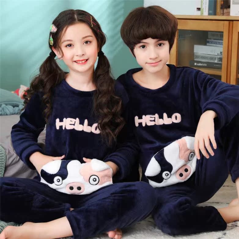 Mùa xuân và mùa thu. Trẻ em mùa thu / mùa đông pajama set cô gái mảnh của nhung san hô ấm mỏng cộng với nhung dài tay quanh cổ áo chị nam.