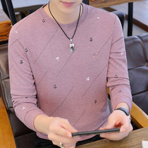 Mens casual T-shirt long sleeve round neck Korean spring autumn trend cotton base shirt stripe print slim body shirt