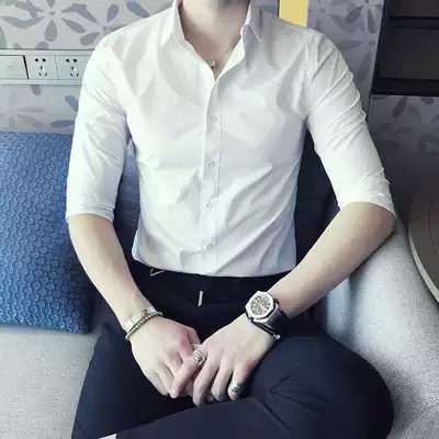White shirt men's tide seven-point sleeve Korean version of slim business Joker handsome shirt men's middle sleeve solid color inch clothes