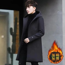 Hairy coat mens long hooded trench coat 2020 autumn and winter Korean version of thick English style woolen coat