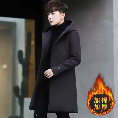 Woolen coat men's medium and long version hooded windbreaker 2020 autumn and winter Korean version thickened British windbreaker jacket