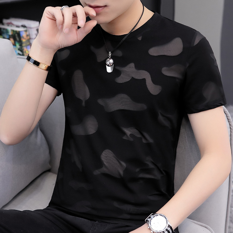 Mulberry silk short sleeve T-shirt male thin section 2022 Summer spirit small group hollowed-out half sleeve trend personality ice silk T-shirt
