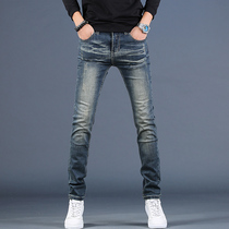 Smoke gray jeans mens Tide brand Slim small feet Hong Kong style elastic Korean straight retro washed jeans long pants