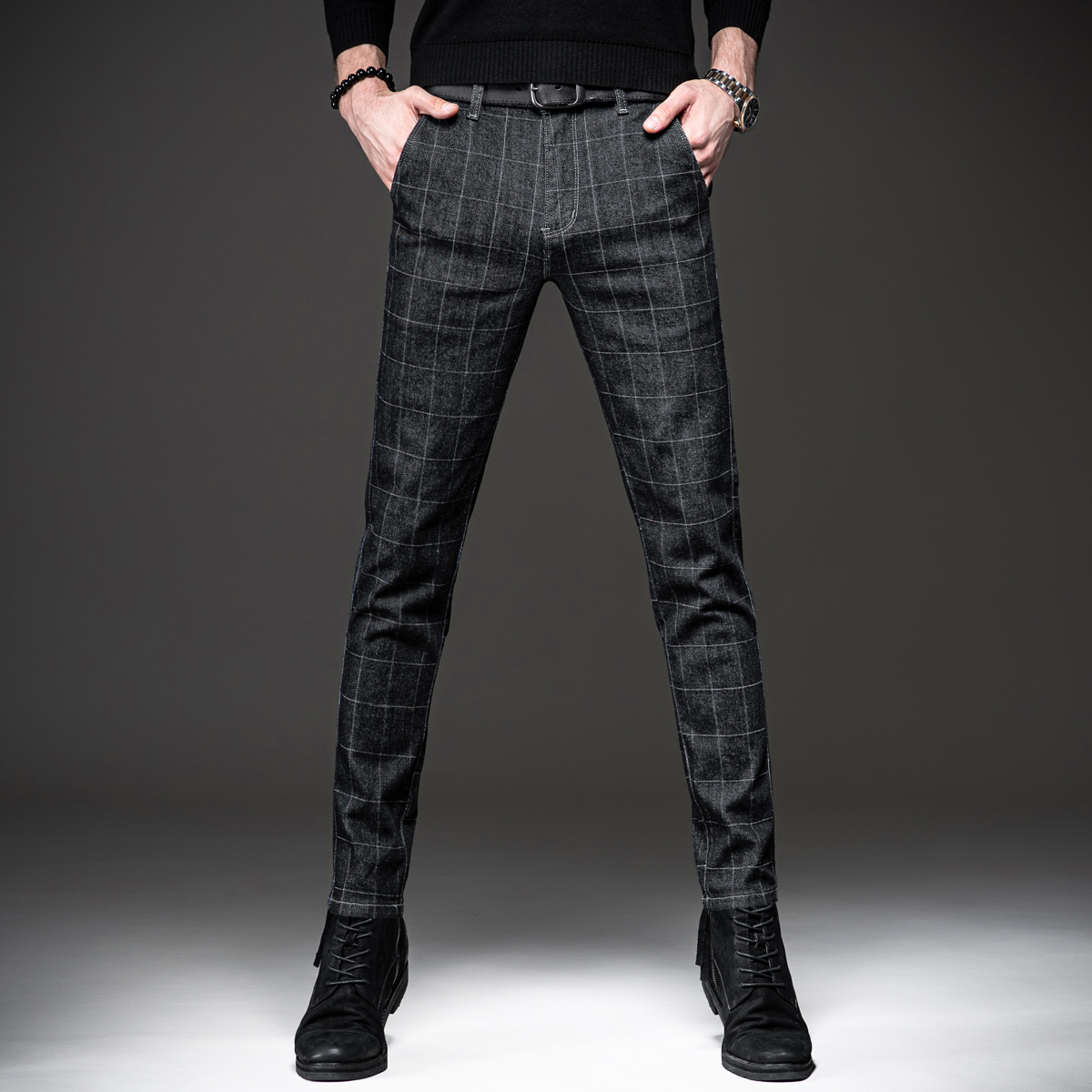 Men's Plaid Jeans Straight Slim Skinny Pants Trendy Brand Korean Style Trend Versatile Black Men's Casual Trousers