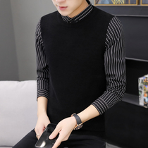 Striped long sleeve T-shirt men shirt collar knitted base shirt tide Korean version of youth slim Joker fake two sweater