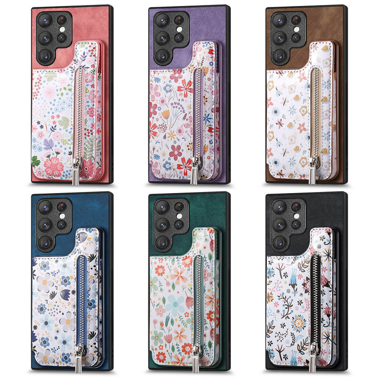 Girls Chic Stylish Flower Zipper Card Holder Kickstand S23, S23 Plus, S23 Ultra, S22, S22 Plus, S22 Ultra, S21, S21 Plus, S21