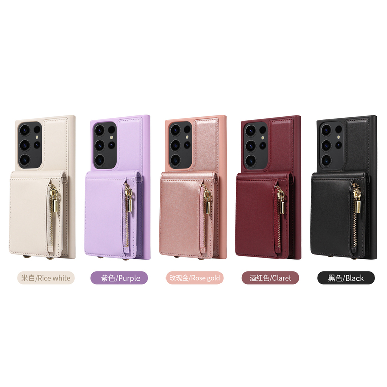 Business Leather Zipper Coin Card Holder Wallet Crossbody Lanyard Strap S23, S23 Plus, S23 Ultra, S22, S22 Plus, S22 Ultra
