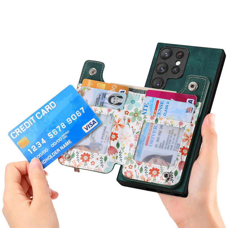 Girls Chic Stylish Flower Zipper Card Holder Kickstand S23, S23 Plus, S23 Ultra, S22, S22 Plus, S22 Ultra, S21, S21 Plus, S21