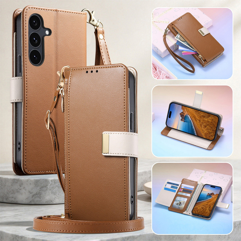 S30 Is Suitable for S27 Samsung S26 Zipper Wallet S25Ultra Flip Phone Case S24Fe Wristband S22 Crossbody S21 Lanyard Note20U Flip Cover A27 Leather Case A36 Female A70 Card Holder A15