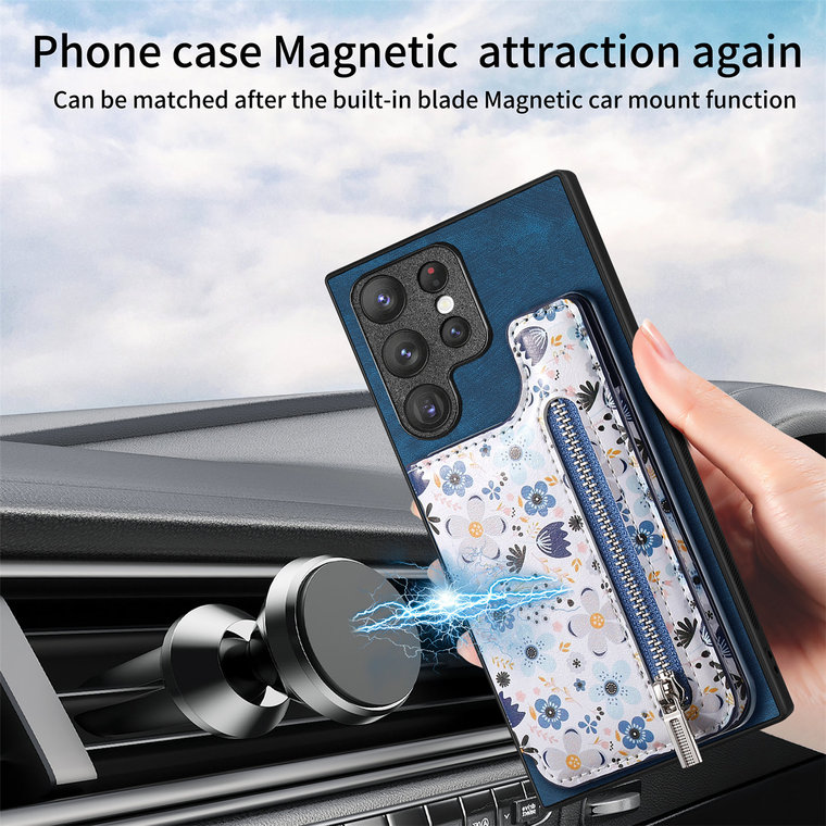 Girls Chic Stylish Flower Zipper Card Holder Kickstand S23, S23 Plus, S23 Ultra, S22, S22 Plus, S22 Ultra, S21, S21 Plus, S21