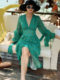 French retro green long-sleeved dress, high-end chiffon skirt, temperament v-neck waist slimming long skirt 2023 autumn