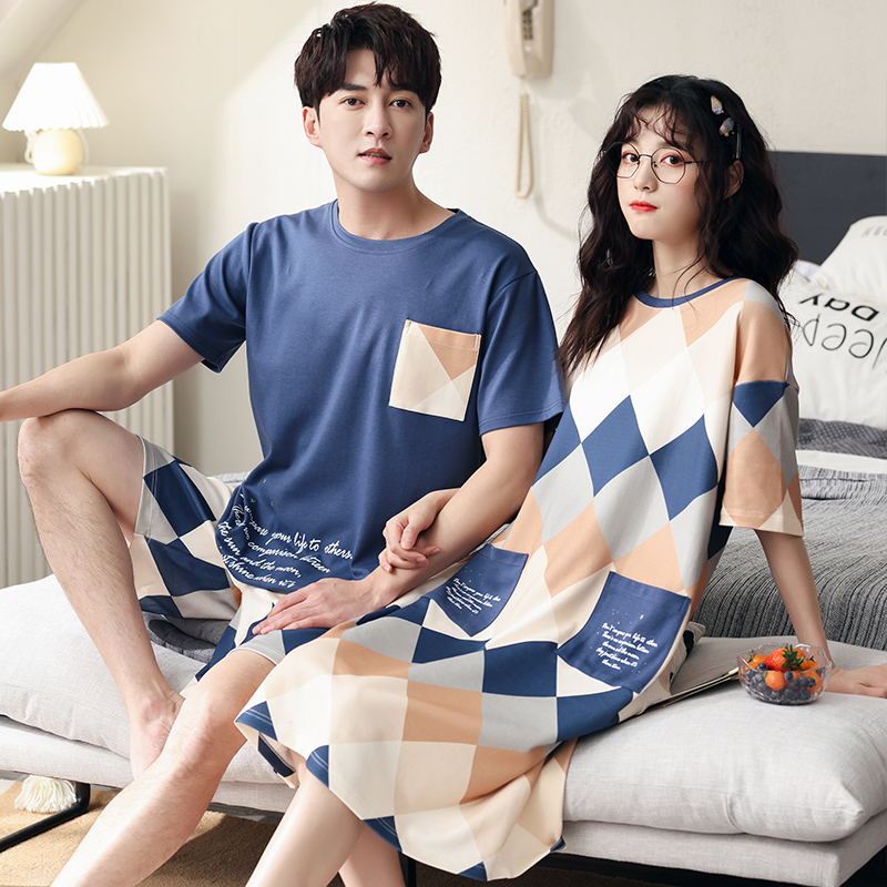Couple pajamas women's summer pure cotton short-sleeved night dress cute 2021 new men's summer thin home clothes