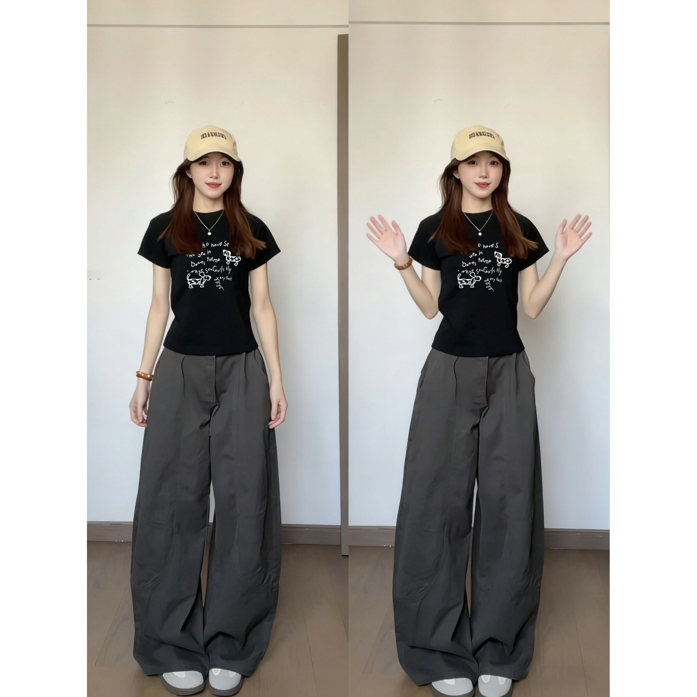 美式黑色正肩短袖t恤女夏季2026新款设计感小众短款收腰修身上衣