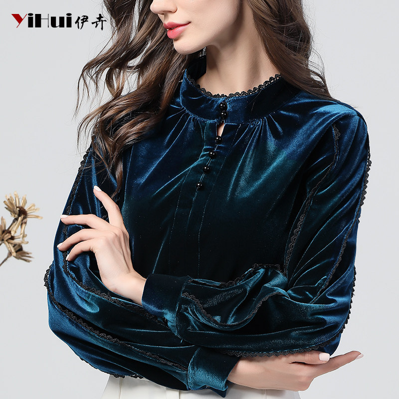 Autumn new velvet top women's shirt beaded lace lantern long-sleeved inner jacket thin and thick in autumn and winter