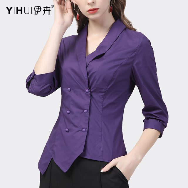 Shirt women's short irregular top professional design slim fit and thin shirt double breasted 2022 autumn new style