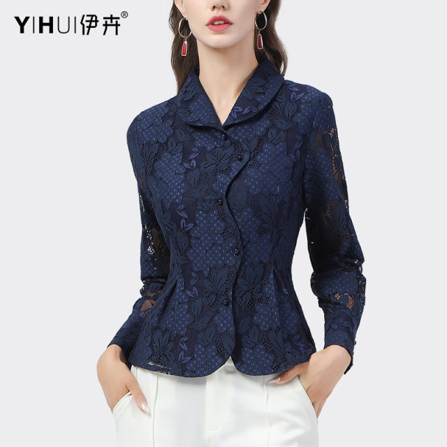 European station hollow lace shirt women's bottoming shirt women's long-sleeved tops foreign style shirt spring professional slim temperament