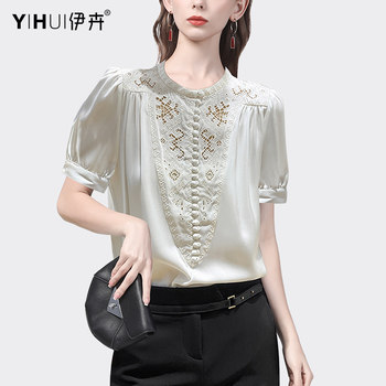 Heavy industry embroidered satin shirt women's round neck fashion top short-sleeved shirt spring and summer new slim design shirt