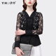 European station print splicing chiffon shirt women's spring new long-sleeved temperament v-neck shirt wood ear foreign style small shirt