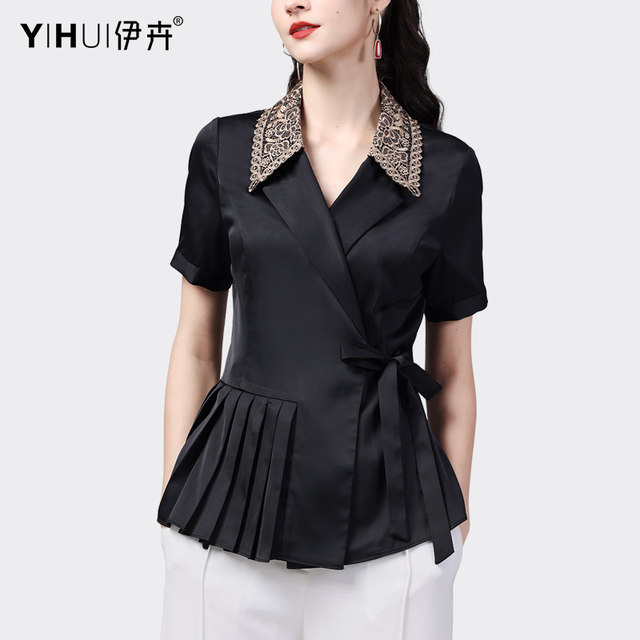 Satin shirt women's suit collar embroidery temperament professional shirt short-sleeved design sense waist top 2023 summer