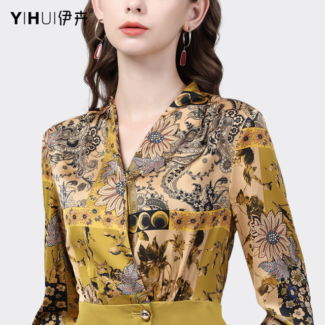 Satin printed shirt European goods women's 2022 autumn new long-sleeved shirt temperament suit collar shirt waist slimming