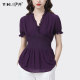 Design sense knit splicing chiffon shirt with wooden ears v-neck short-sleeved top slim fit slimming foreign style age-reducing small shirt summer