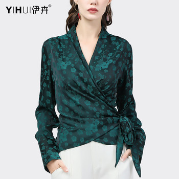 Satin printed top with straps waist long-sleeved cross v-neck small shirt 2022 autumn new western style shirt fashion