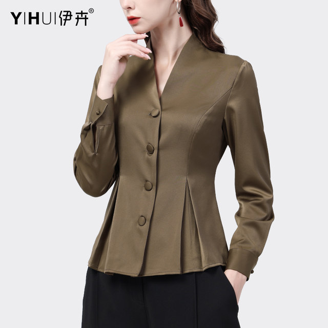 Satin shirt women's fashion v-neck temperament shirt versatile spring new long-sleeved waist top chic bottoming shirt