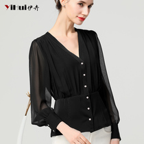 2020 Summer Dress New Snow-spinning Shirt Woman V Collar Long Sleeve Blouse Blouse Black Slim Fit 100 Lap Waist Shirt Summer