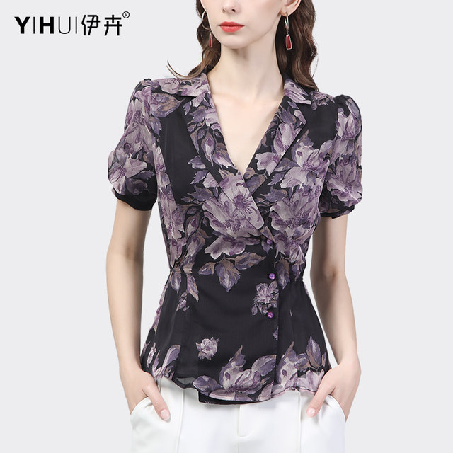 Printed chiffon shirt women's summer new suit collar all-match shirt temperament short-sleeved shirt fashion slim