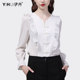 Falbala V-neck button Chinese style shirt women's spring new long-sleeved all-match commuter shirt design sense of western style small shirt