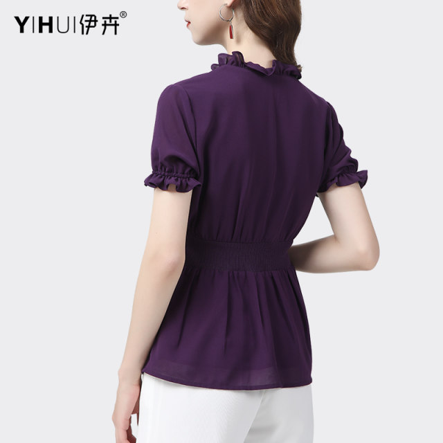 Design sense knit splicing chiffon shirt with wooden ears v-neck short-sleeved top slim fit slimming foreign style age-reducing small shirt summer